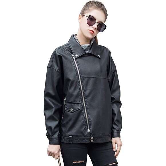 LY VAREY LIN Women Faux Leather Jacket Black Long Sleeve Lapel Collar Zip up - Picture 4 of 6